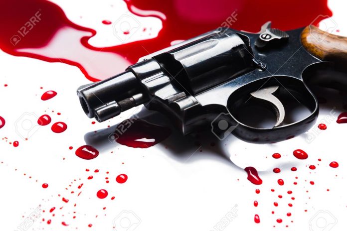 gun and blood splatter isolated on white